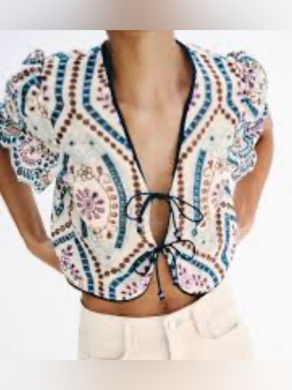NWT Zara White Tie-Front Crop Top with Blue & Pink Pattern